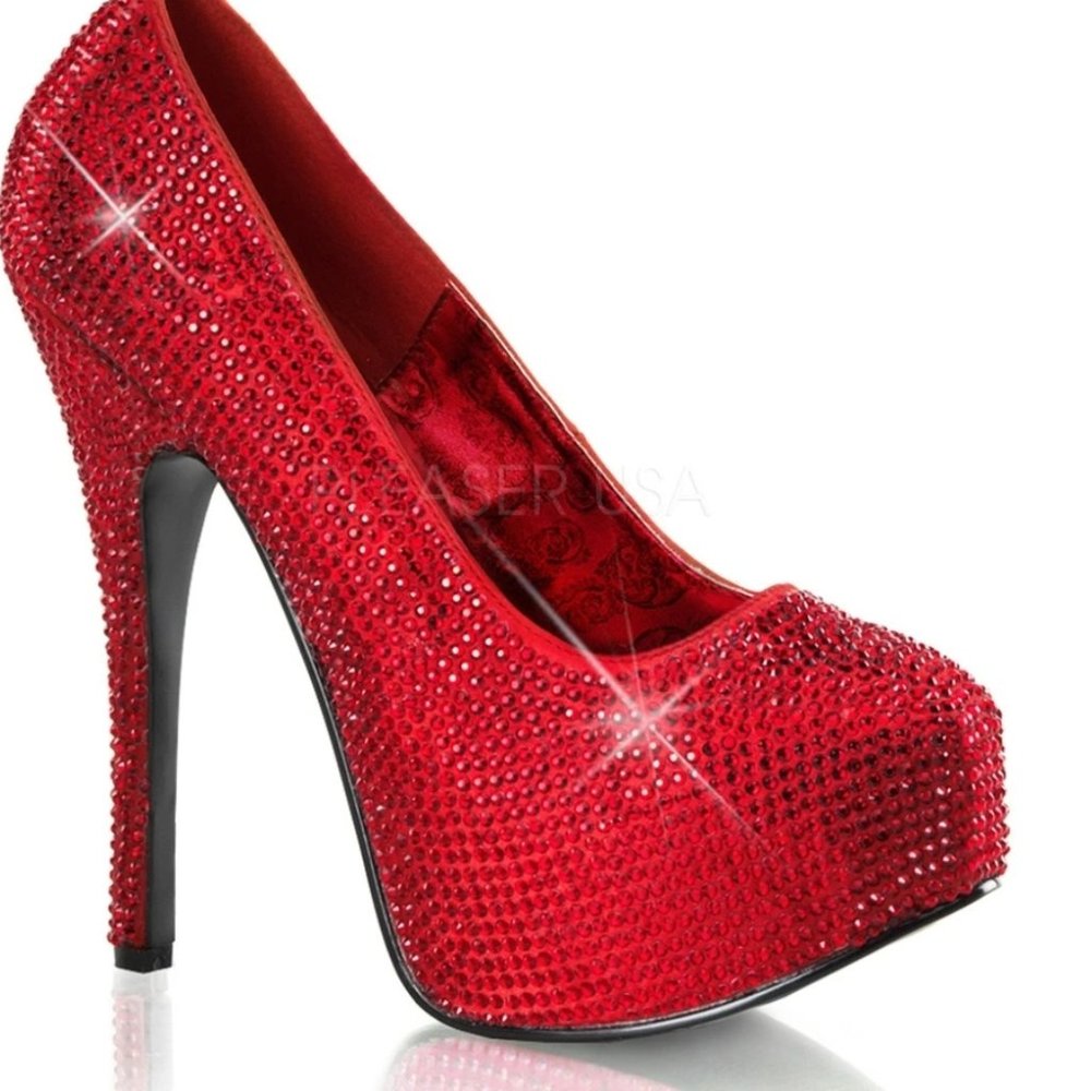 Bordello Teeze Red Rhinestone Stiletto Pumps
